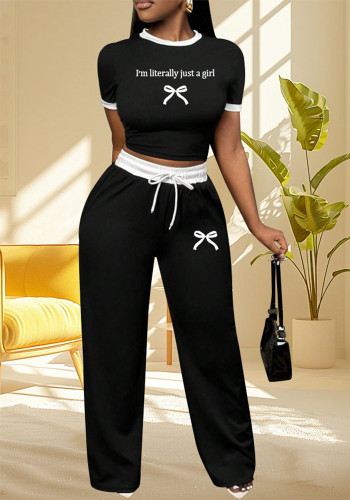 Sexy Color Matching Round Neck Short Sleeve T-Shirt High Waist Drawstring Trousers Two-Piece Set