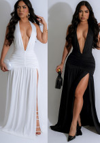 Summer Women's Halter Neck Low Back V-Neck Sexy Slit Pleated Long Dress