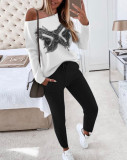 Spring Summer Fashion Contrast Slash Shoulder Casual Butterfly Decoration Long Sleeve Top Pants Two-Piece Set