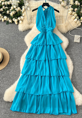 Summer Deep V-Neck Halter Neck Lace-Up Sleeveless Ruffle Women Slim Waist Holidays Long Dress