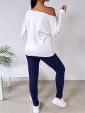 Spring Summer Fashion Contrast Slash Shoulder Casual Butterfly Decoration Long Sleeve Top Pants Two-Piece Set