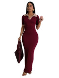Female Turndown Collar Short Sleeve Slim Fit Long Dress