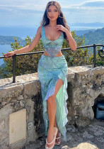 Women's Fashion Mesh Print Sexy Low Back Vest Slit Long Skirt Two-Piece Set Women's Fashion Mesh Print Sexy Low Back Vest Slit Long Skirt Two-Piece Set