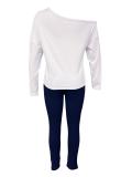 Spring Summer Fashion Contrast Slash Shoulder Casual Butterfly Decoration Long Sleeve Top Pants Two-Piece Set