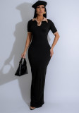 Female Turndown Collar Short Sleeve Slim Fit Long Dress