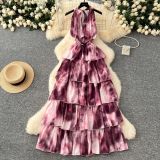 Summer Deep V-Neck Halter Neck Lace-Up Sleeveless Ruffle Women Slim Waist Holidays Long Dress