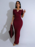 Female Turndown Collar Short Sleeve Slim Fit Long Dress