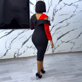 Contrast Color Patchwork V-Neck Bodycon Dress