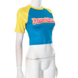 Women Letter Print Contrast Round Neck Crop Top