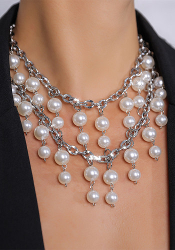 Women Accessories Fashion Double-Layer Tassel Imitation Pearl Metal Necklace
