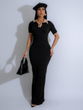 Female Turndown Collar Short Sleeve Slim Fit Long Dress