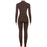 Spring Women's Sexy Tight Fitting V-Neck Long Sleeve Sports Casual Solid Color Jumpsuit