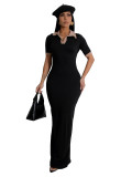 Female Turndown Collar Short Sleeve Slim Fit Long Dress