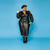 Plus Size Women Pu-Leather Blazer Jacket and Skirt Two Piece Set