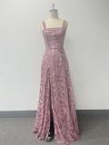 Women Sequin Flower Embroidery Slit Party Dress