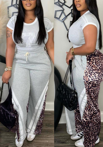 Women Autumn Short Sleeve Leopard Colorblock Top and Pants Two Piece Set