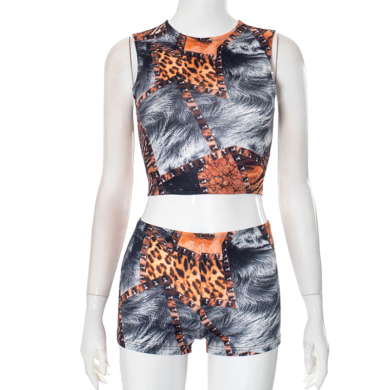 Leopard Print Sleeveless Crop Top & Shorts Two-Piece Set