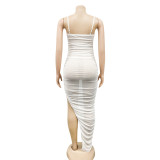 Women sexy suspender mesh See-Through pleated slit dress