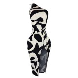 Women Summer Slash Shoulder Pocket Long Sleeve Print Irregular Dress