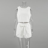 Women Spring and Summer Casual white sleeveless round neck vest lace-up shorts Two Piece Set