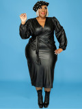 Plus Size Women Pu-Leather Blazer Jacket and Skirt Two Piece Set