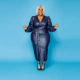 Plus Size Women Pu-Leather Blazer Jacket and Skirt Two Piece Set