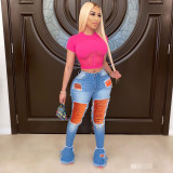 Women Ripped Tassel Denim Bell Bottom Pants