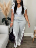 Women Autumn Short Sleeve Leopard Colorblock Top and Pants Two Piece Set
