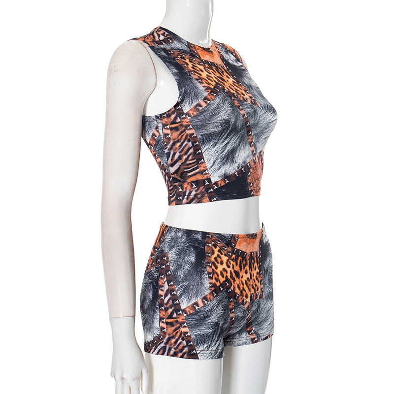 Leopard Print Sleeveless Crop Top & Shorts Two-Piece Set