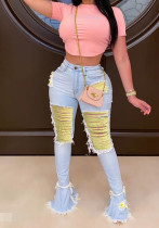 Women Ripped Tassel Denim Bell Bottom Pants