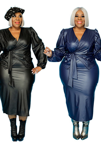 Plus Size Women Pu-Leather Blazer Jacket and Skirt Two Piece Set