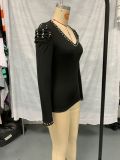 Women Elegant V-neck Bubble Beaded Puff Sleeve Top