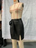 Women Casual Solid Pu-Leather Belt Zipper Bodycon Skirt