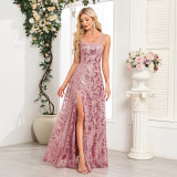 Women Sequin Flower Embroidery Slit Party Dress