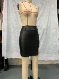 Women Casual Solid Pu-Leather Belt Zipper Bodycon Skirt