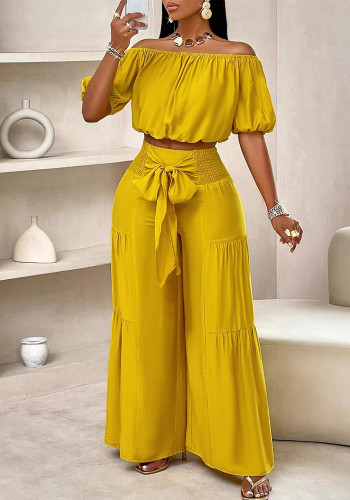 Women Short Sleeve Top Lace-Up Pleated Wide Leg Pants Two Piece Set