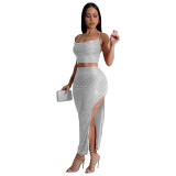 Women sexy sequined dress camisole top slit Skrit Two Piece Set