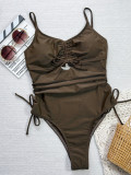 Women bikini bikini brown hollow Lace-Up one-piece swimsuit