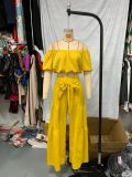 Women Short Sleeve Top Lace-Up Pleated Wide Leg Pants Two Piece Set
