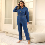 Plus Size Women Denim Long Sleeve Turndown Collar Jumpsuit