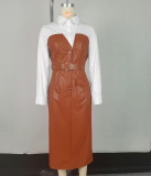 Women Pu Leather Belt Patchwork Contrast Long Sleeve Dress