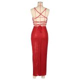 Women sexy sequined dress camisole top slit Skrit Two Piece Set