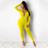 Women Sexy V-neck Chain Cross Lace Up Jumpsuit