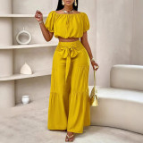 Women Short Sleeve Top Lace-Up Pleated Wide Leg Pants Two Piece Set