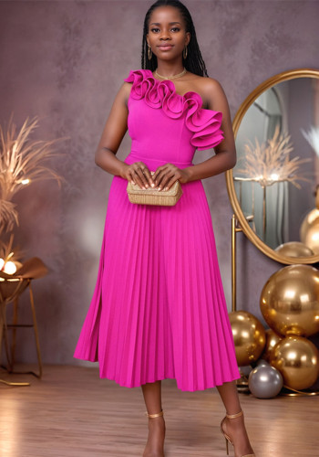 Women One Shoulder Slash Shoulder Formal Party Pleated Dress
