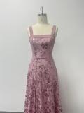 Women Sequin Flower Embroidery Slit Party Dress