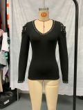 Women Elegant V-neck Bubble Beaded Puff Sleeve Top