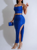 Women sexy sequined dress camisole top slit Skrit Two Piece Set