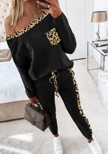Women Slash Shoulder Collar Leopard Print Long Sleeve Top Lace-up Pants Two Piece Set