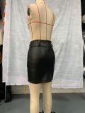 Women Casual Solid Pu-Leather Belt Zipper Bodycon Skirt